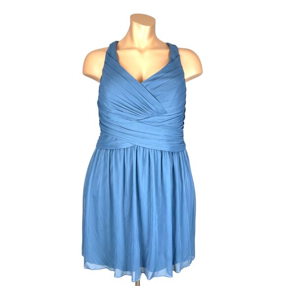 Davids Bridal Womens Plus W11480 Mesh Short Bridesmaid Dress Steel Blue size 20 - Picture 1 of 13